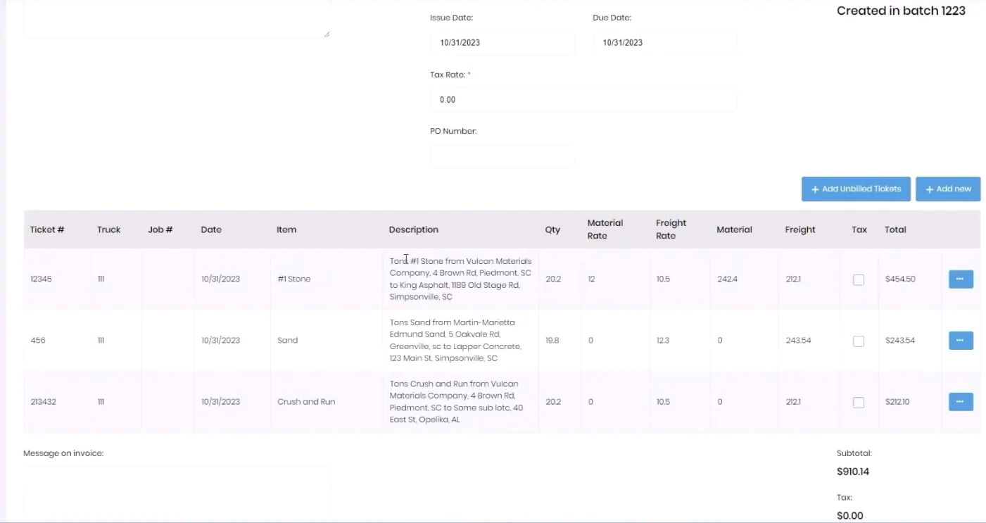 Batch invoice processing screen with ticket selection