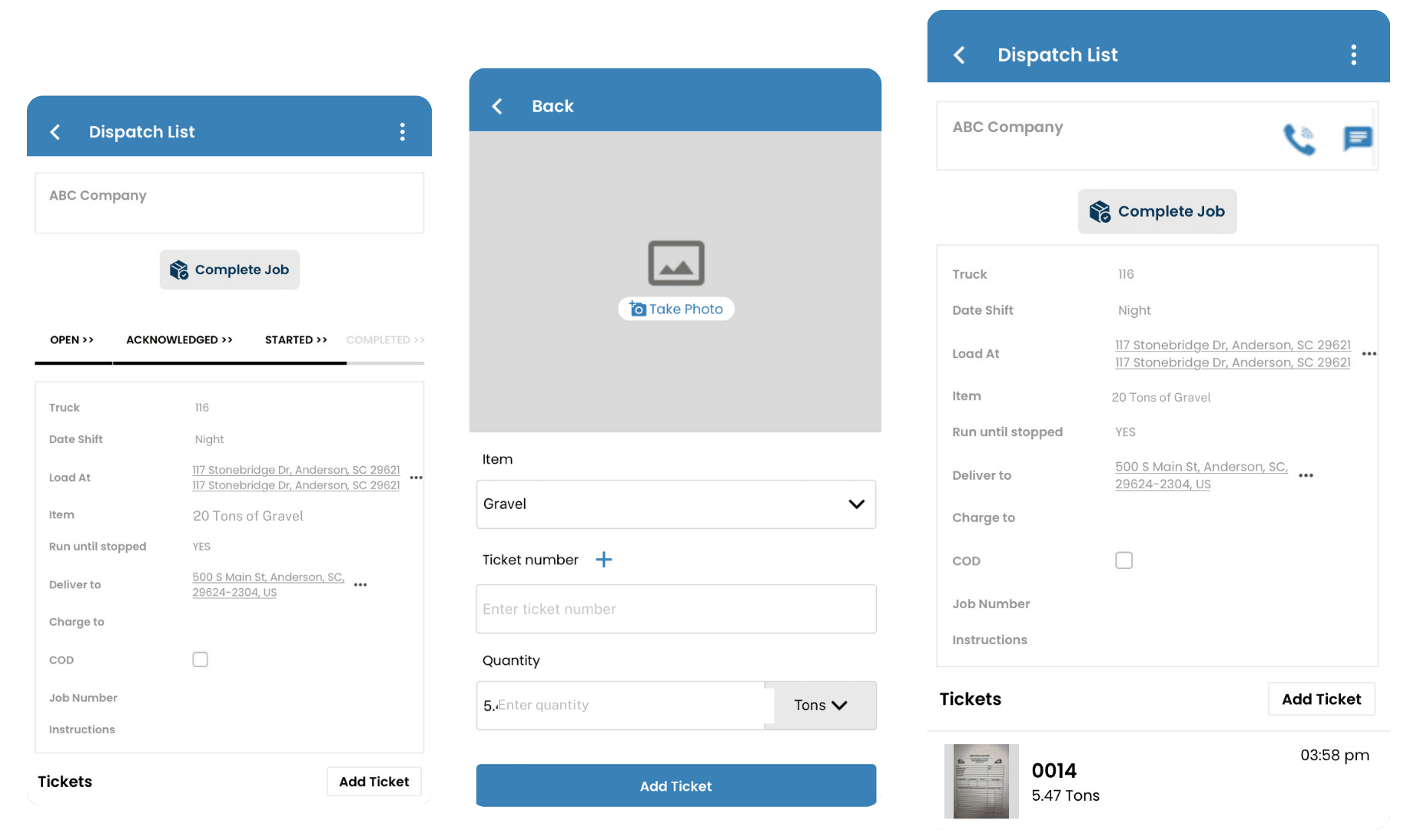 Driver app showing eTicket upload and job status updates