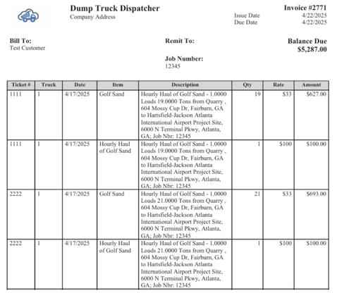 Invoice template showing detailed line items and totals