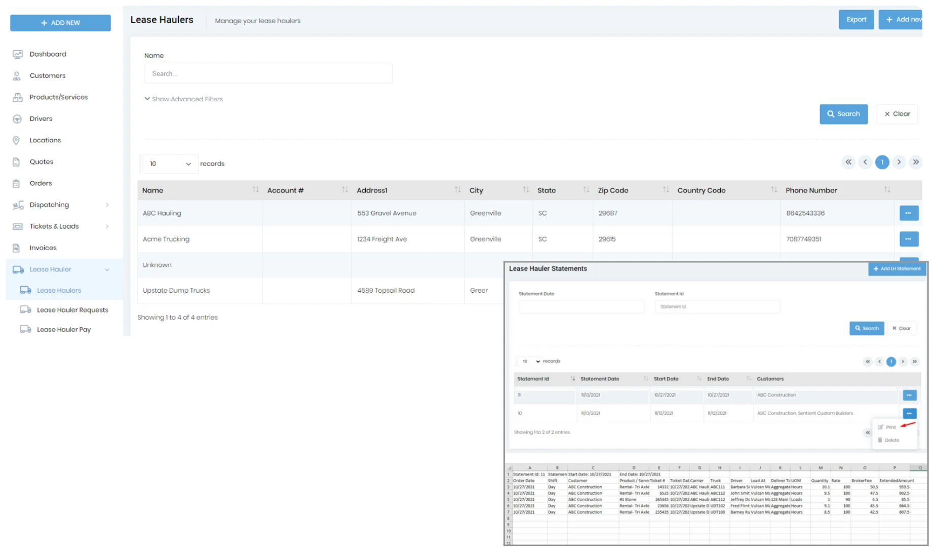 Lease hauler portal showing subcontractor management and compliance