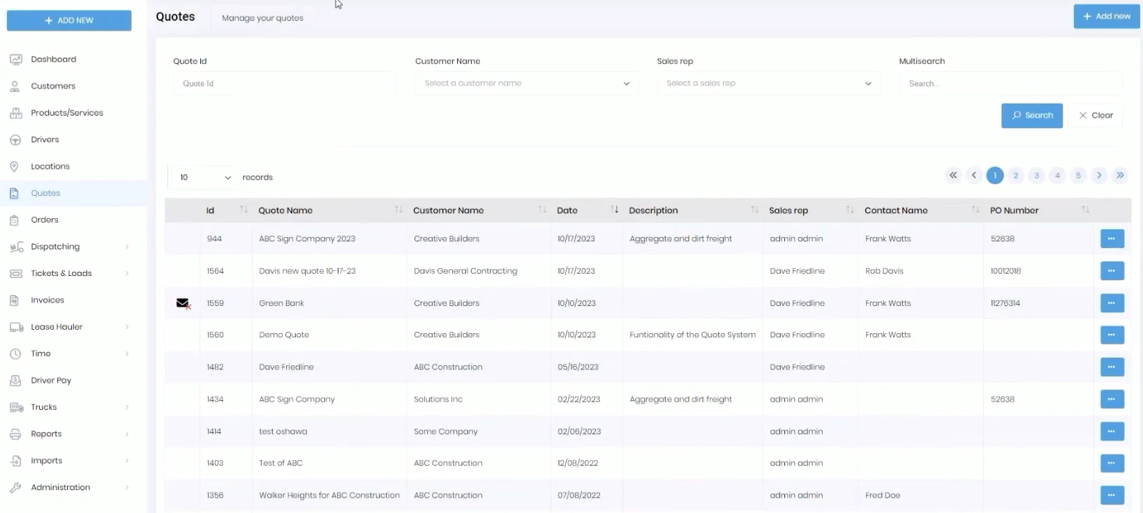 Quote management screen showing customer-specific pricing and delivery details