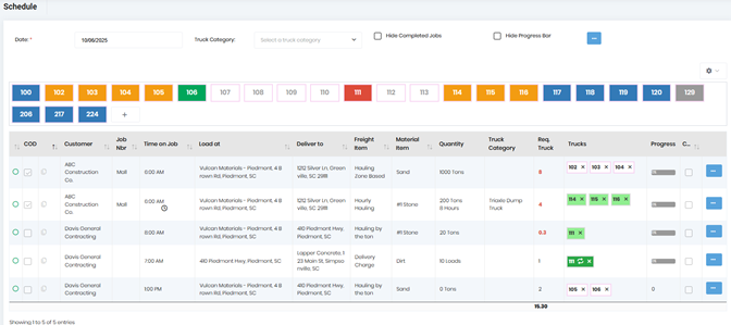 Visual dispatch scheduling calendar with color-coded truck assignments