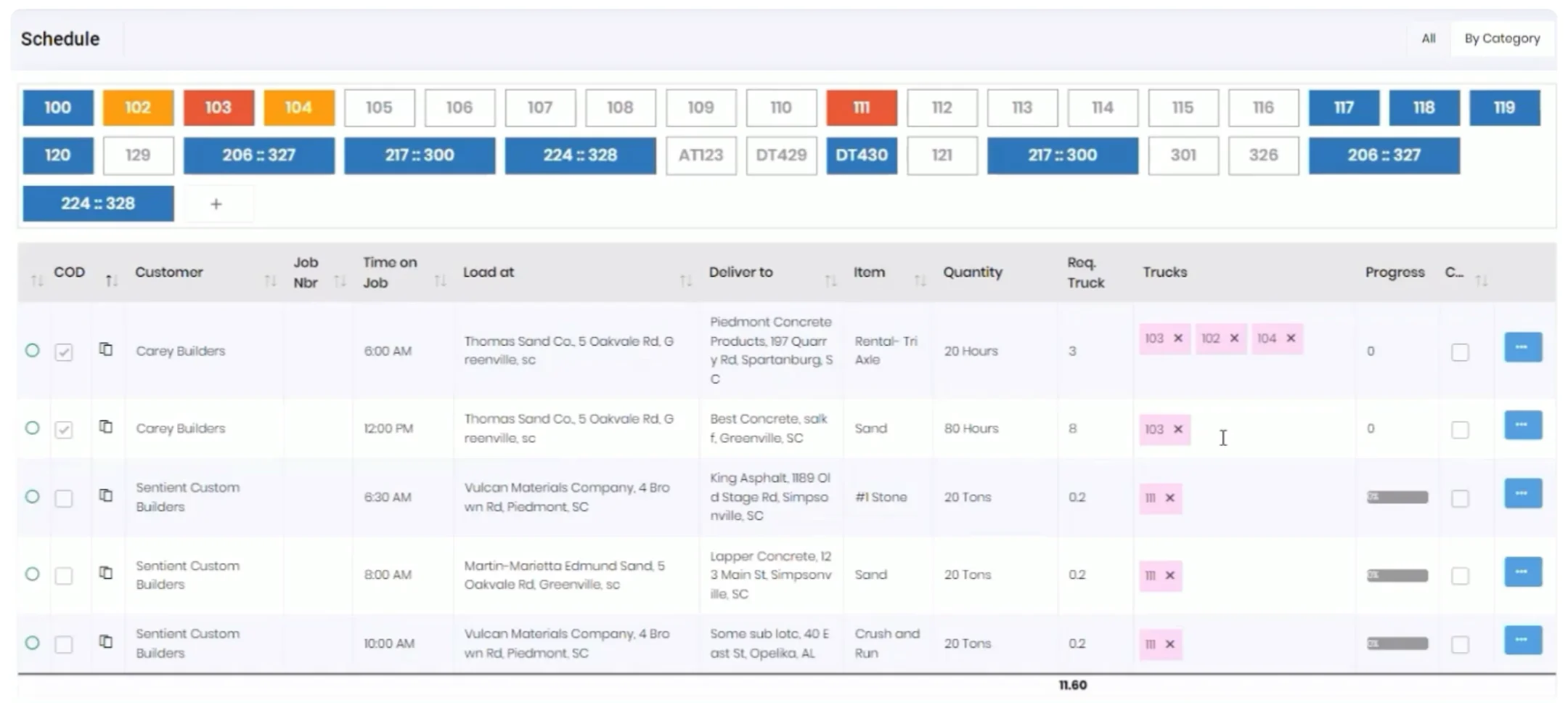 Visual dispatch scheduling calendar with color-coded jobs