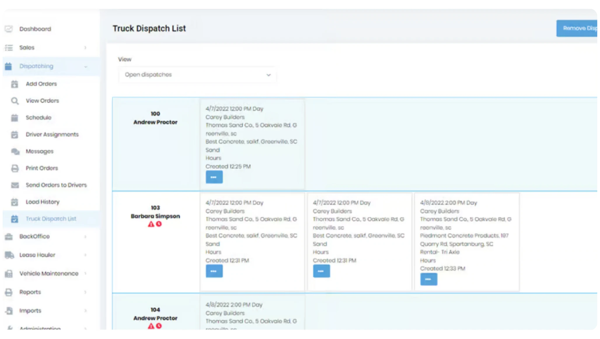Truck dispatch list showing active jobs and driver status