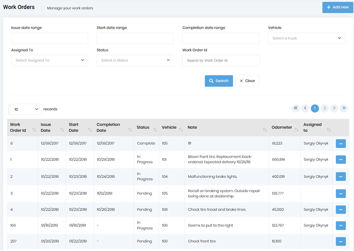 Vehicle maintenance work orders and service scheduling